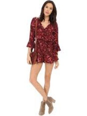 Free People Floral Wrap All The Right Ruffles Romper Foliage Burgundy XS